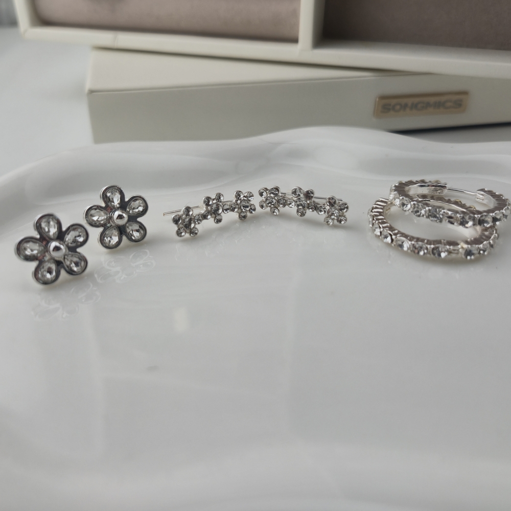 Silver Floral Earring Set | Sparkly Flower Studs & Hoops | 3 Piece | NWOT
